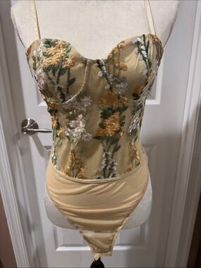 Lulu's Yellow Floral Embroidered Bustier Bodysuit